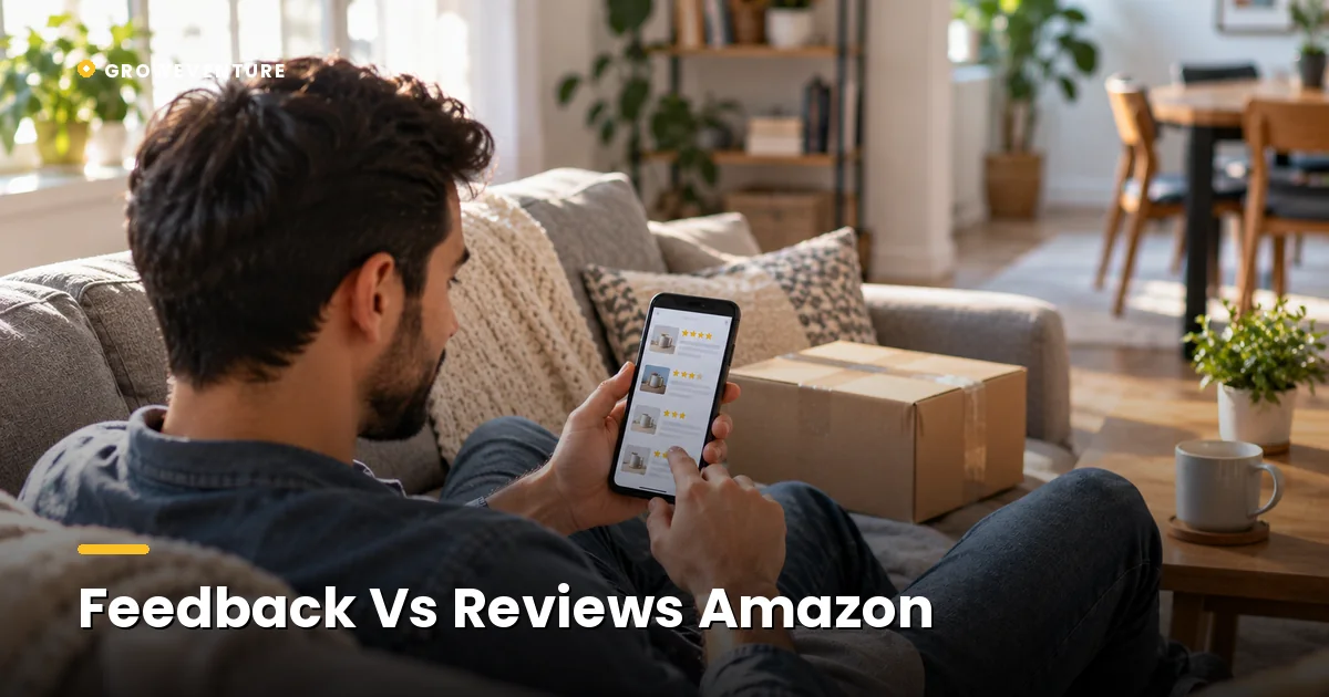 Seller Feedback vs Product Reviews on Amazon: What's the Difference? (2026) 4 A split screen showing a seller profile star and a product page star, with arrows to what each one measures. Title: "Feedback vs Reviews: Two Different Stars."