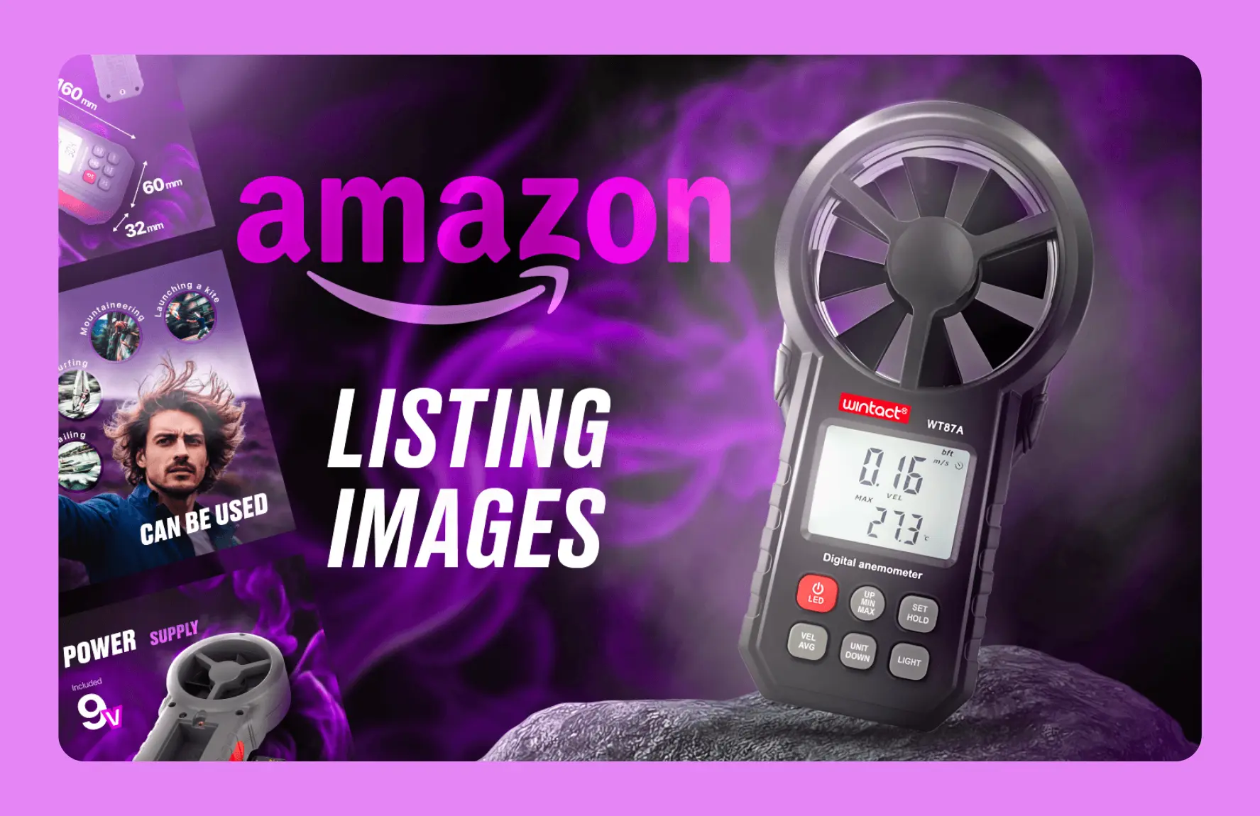 Portfolio 1 A+ content cover for an Amazon anemometer listing, headed Amazon Listing Images
